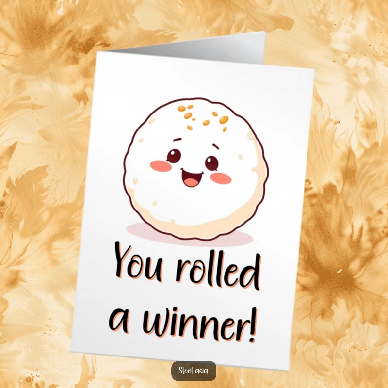 Funny Free Printable Congratulations Card: A delighted takoyaki ball with small eyes rolling gleefully.