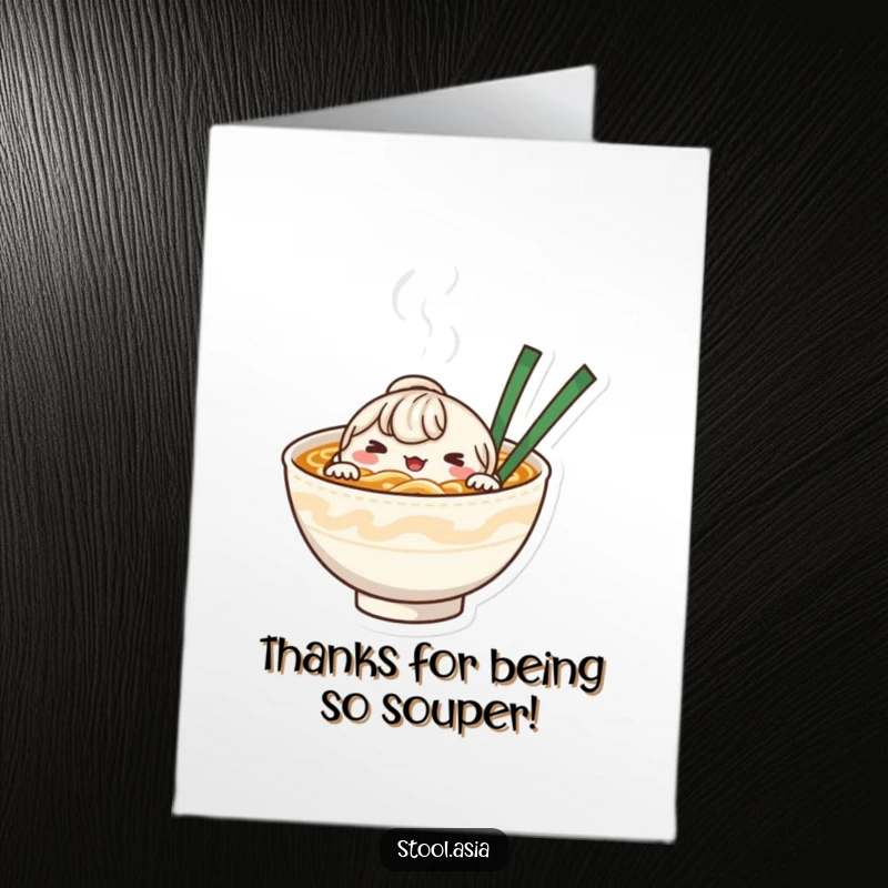 Funny Free Printable Noodle Bowl Thank You Card: Whimsical noodle character peeking, a humorous downloadable gift.