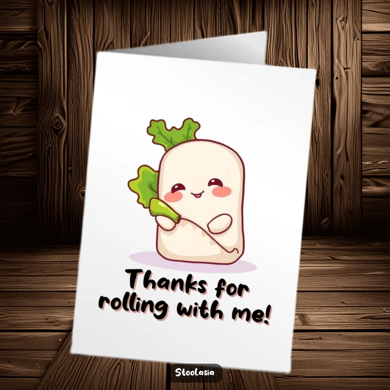 Funny Free Printable Spring Roll Thank You Card: Smiling spring roll rolling lettuce, a humorous downloadable gift.