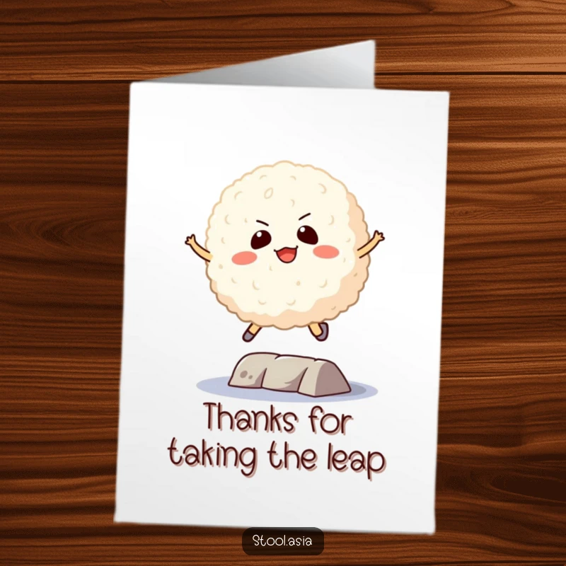 Funny Free Printable Thank You Card: A playful rice ball with a determined expression mid-jump over an obstacle.