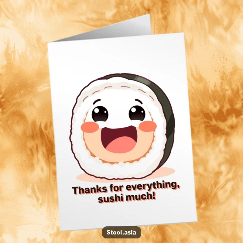 Funny Free Printable Thank You Card, a joyful sushi roll enthusiastically rolling forward, conveying thanks with a smile.