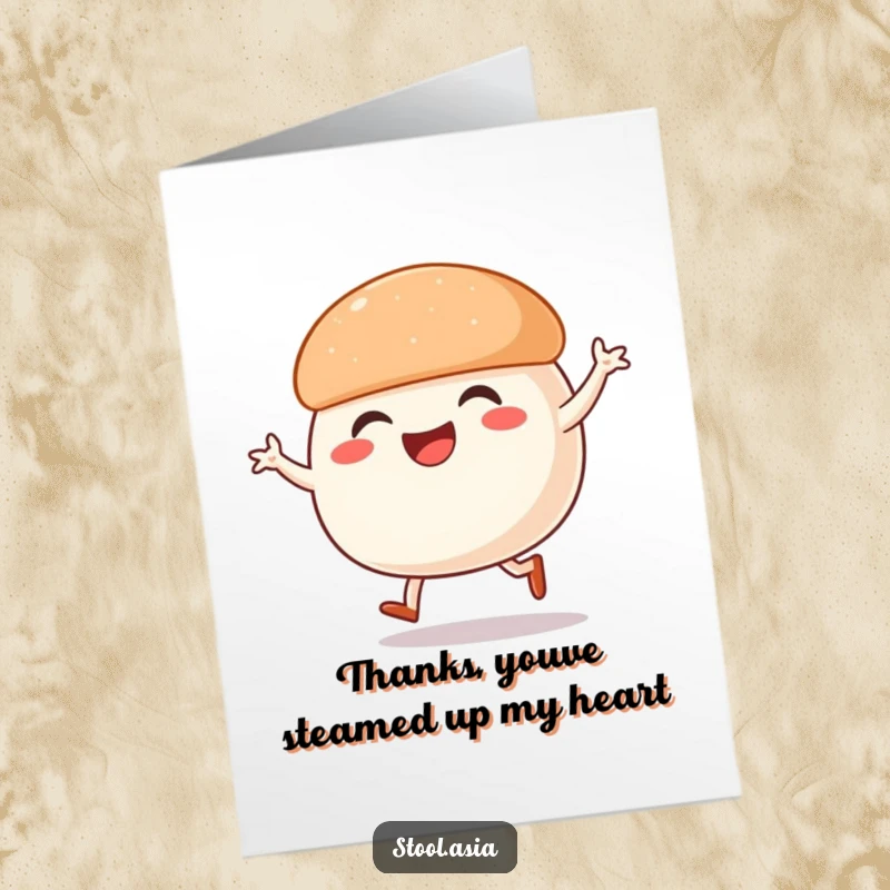 Funny Free Printable Thank You Card: A cheerful steamed bun with legs doing a lively street dance.