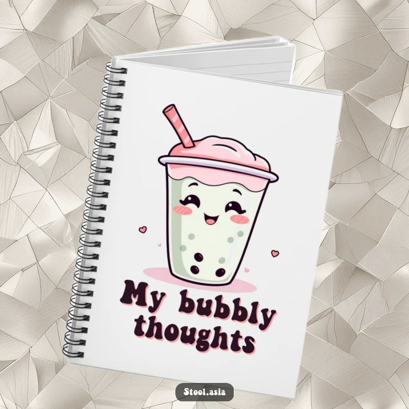 Funny notebook with a giggling and wiggling boba tea cup with a straw, perfect for jotting down ideas with humor.