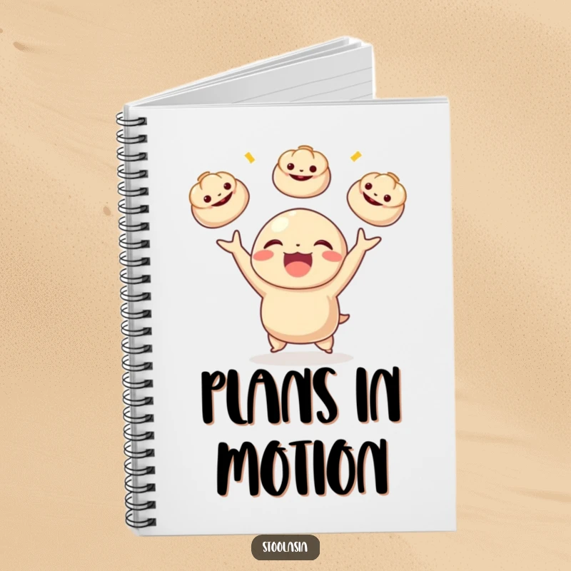 Funny dumpling character joyfully juggling three small bao buns, featured on a notebook cover for writing and notes.