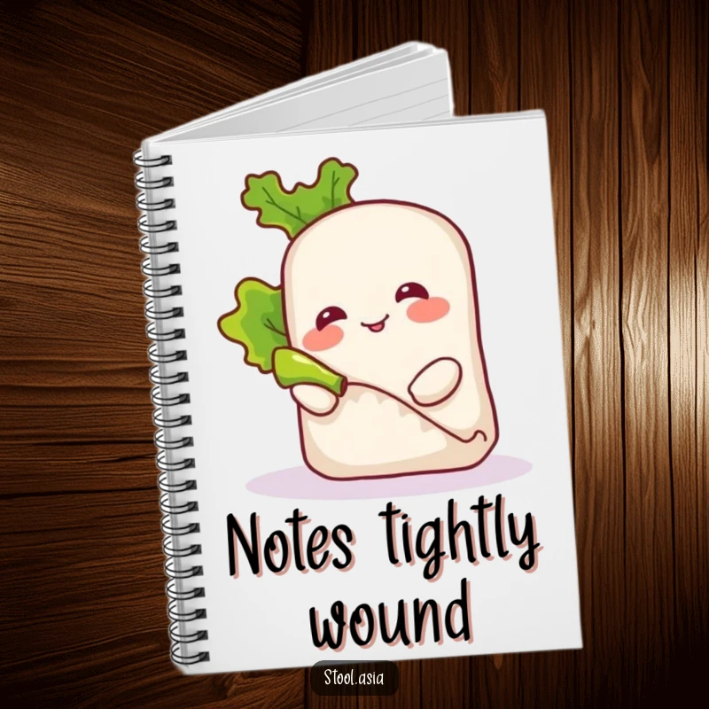 Funny smiling spring roll character playfully rolling a tiny piece of lettuce on a notebook cover.