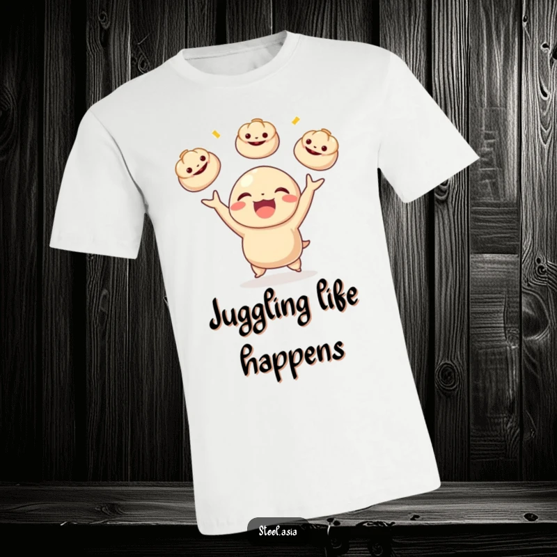Funny delighted dumpling character joyfully juggling three small bao buns on a t-shirt, showcasing playful culinary skills.