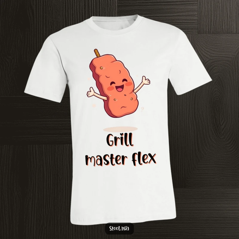 Funny Skewer T-Shirt: A smiling grilled meat skewer with arms and legs doing a flamboyant flourish.