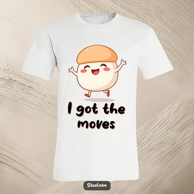 Funny Steamed Bun T-Shirt: A smiling steamed bun with small legs performing an energetic street dance move.