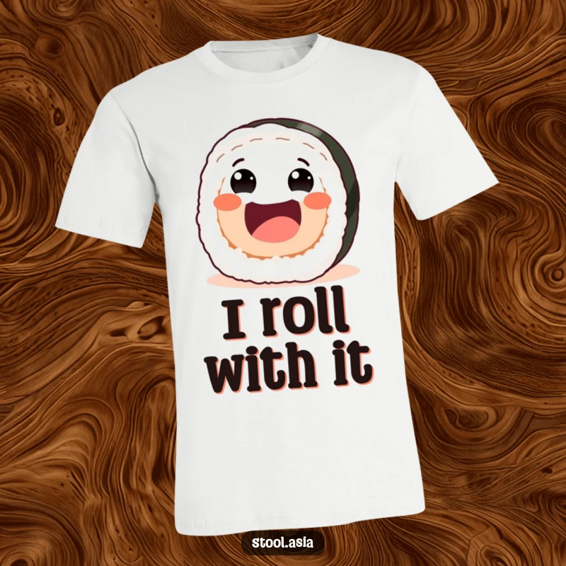 Funny sushi roll t-shirt featuring a joyful roll with friendly eyes and a wide mouth rolling forward.