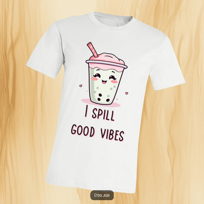 Funny t-shirt featuring a playful boba tea cup with a straw giggling and wiggling with pure delight, cartoon character.