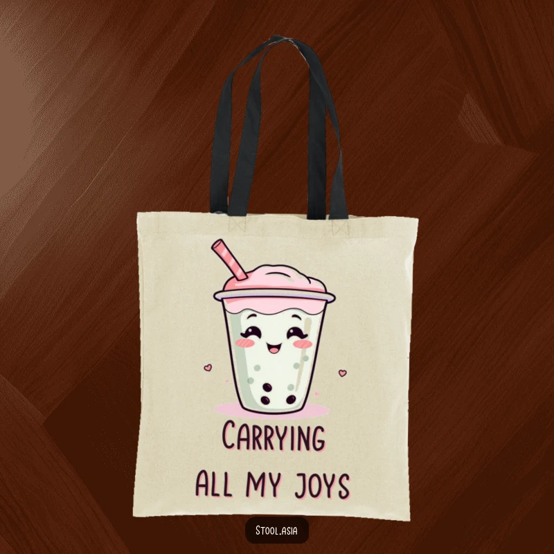 Funny tote bag featuring a playful boba tea cup with a straw giggling and wiggling gleefully, a charming cartoon illustration.