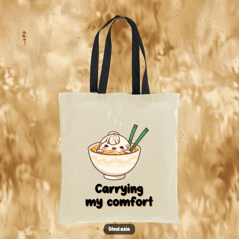Funny whimsical noodle bowl character peeking from steaming broth on a durable tote bag.