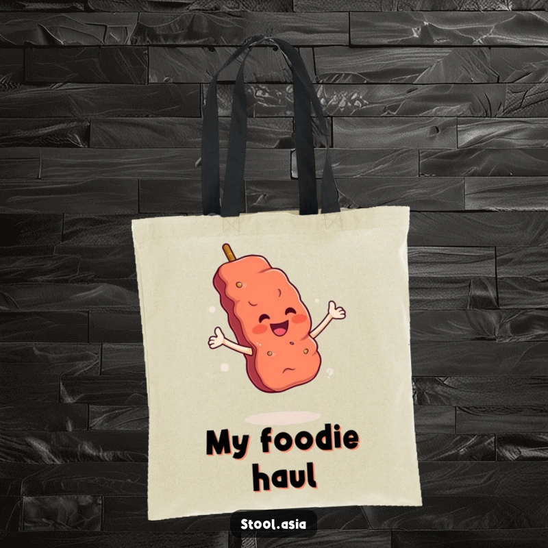 Funny Skewer Tote Bag: A grilled meat skewer with arms performing an exaggerated, flamboyant flourish.